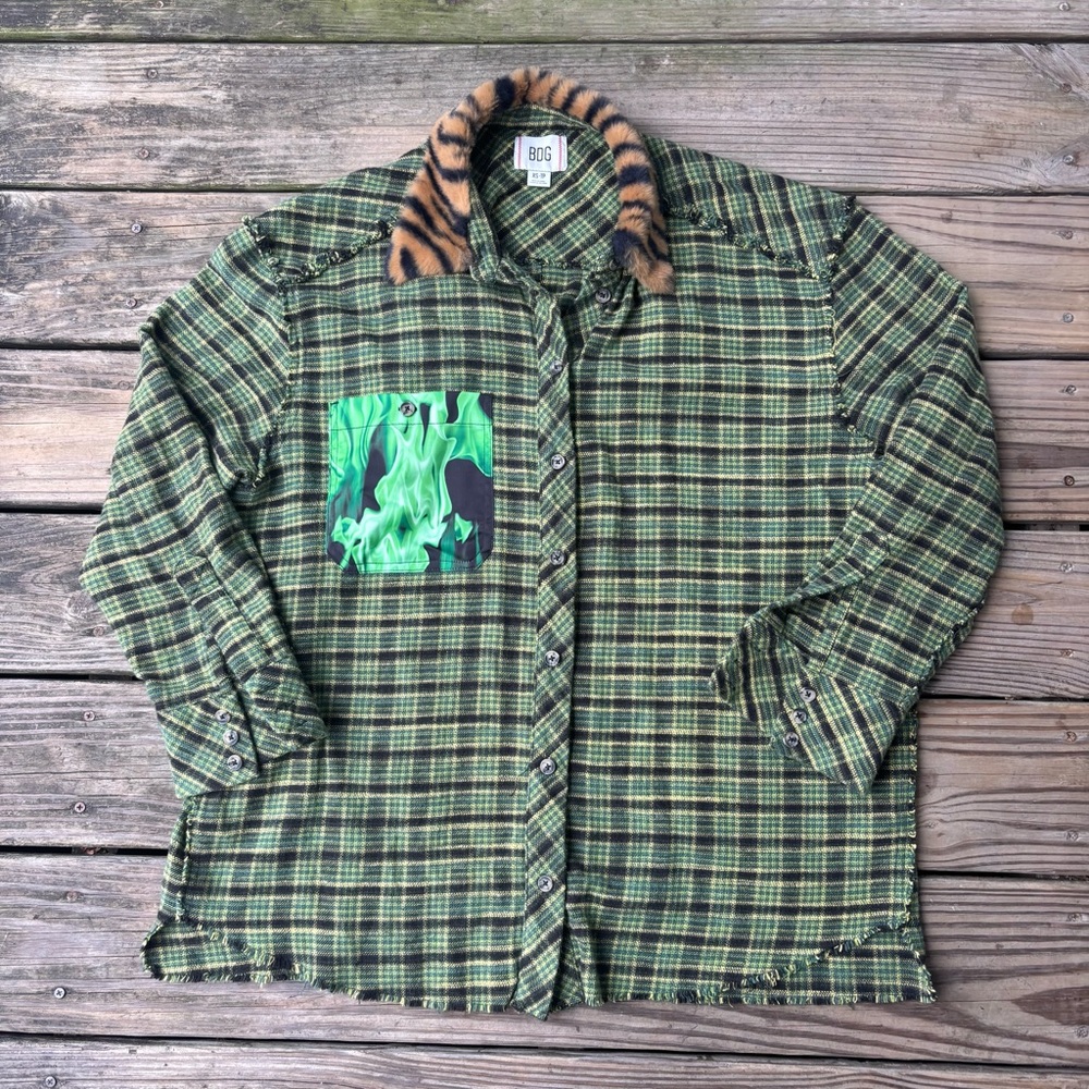 BDG Oversized Plaid Flannel Button Up with Fur Collar and Raver Pocket